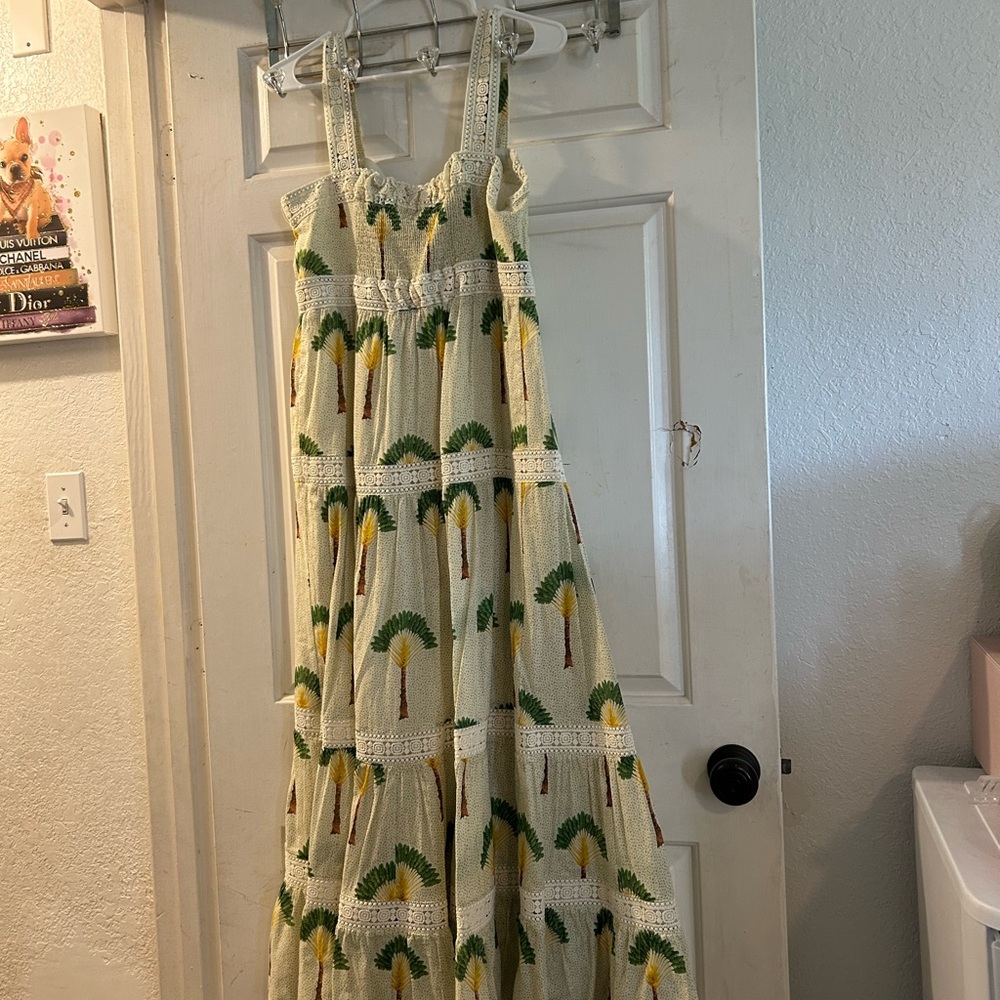 Calypso St. Barth Cream Maxi Dress with Green and Yellow Palm Print - Picture 3 of 4